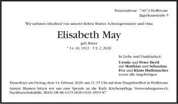 Traueranzeige von Elisabeth May von Stuttgarter Zeitung / Stuttgarter Nachrichten