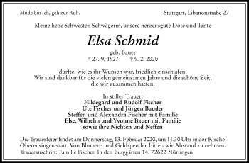 Traueranzeige von Elsa Schmid von Stuttgarter Zeitung / Stuttgarter Nachrichten