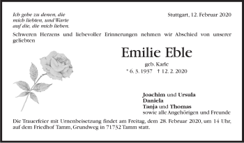 Traueranzeige von Emilie Eble von Stuttgarter Zeitung / Stuttgarter Nachrichten