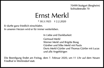 Traueranzeige von Ernst Merkl von Stuttgarter Zeitung / Stuttgarter Nachrichten