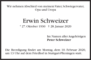 Traueranzeige von Erwin Schweizer von Stuttgarter Zeitung / Stuttgarter Nachrichten