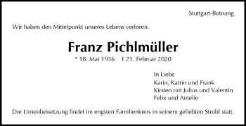 Traueranzeige von Franz Pichlmüller von Stuttgarter Zeitung / Stuttgarter Nachrichten