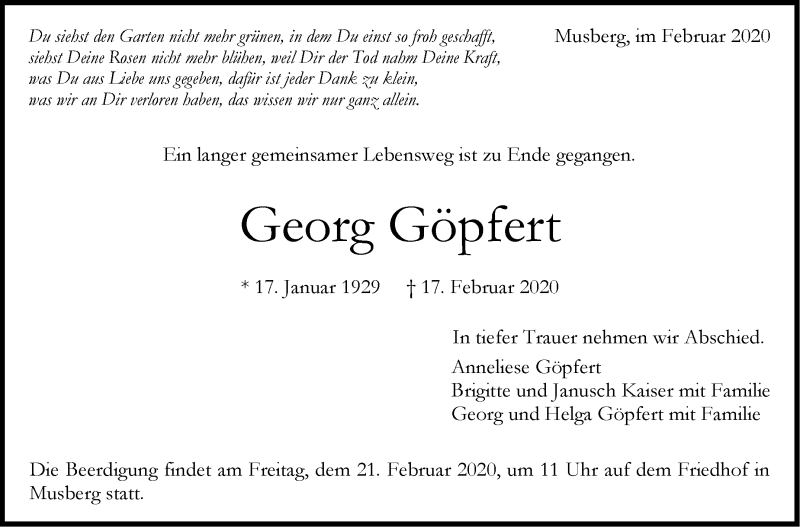  Traueranzeige für Georg Göpfert vom 19.02.2020 aus Stuttgarter Zeitung / Stuttgarter Nachrichten