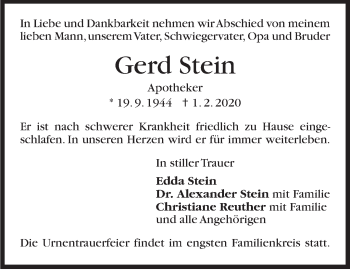 Traueranzeige von Gerd Stein von Stuttgarter Zeitung / Stuttgarter Nachrichten