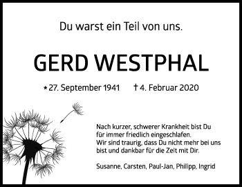 Traueranzeige von Gerd Westphal von Stuttgarter Zeitung / Stuttgarter Nachrichten