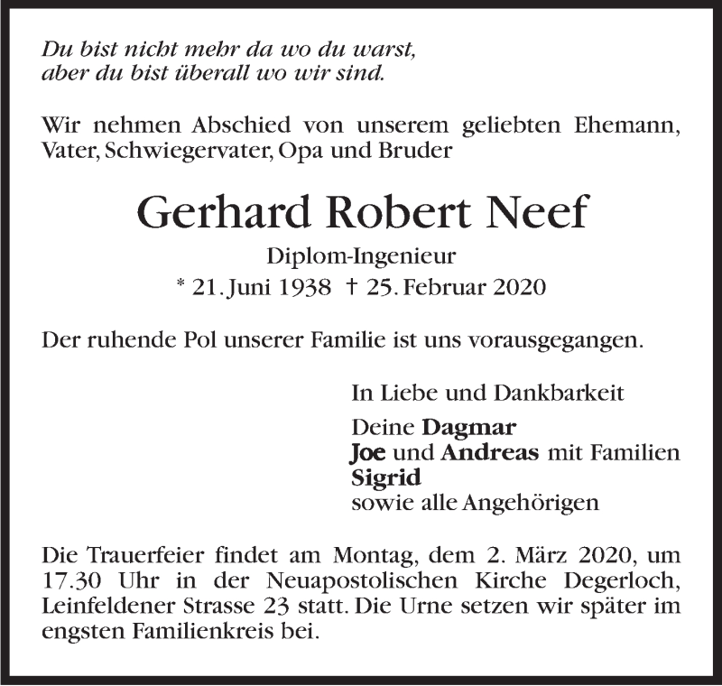  Traueranzeige für Gerhard Robert Neef vom 29.02.2020 aus Stuttgarter Zeitung / Stuttgarter Nachrichten