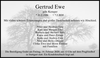 Traueranzeige von Gertrud Ewe von Stuttgarter Zeitung / Stuttgarter Nachrichten