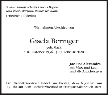 Traueranzeige von Gisela Beringer von Stuttgarter Zeitung / Stuttgarter Nachrichten