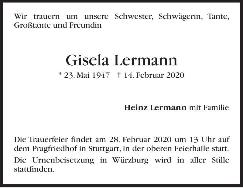  Traueranzeige für Gisela Lermann vom 21.02.2020 aus Stuttgarter Zeitung / Stuttgarter Nachrichten