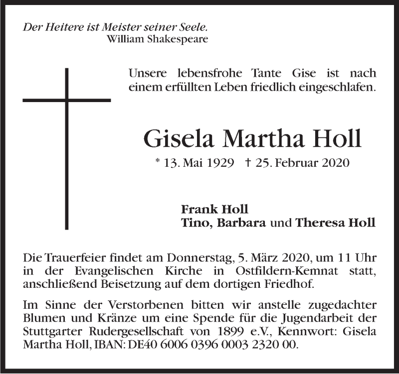 Traueranzeige für Gisela Martha Holl vom 29.02.2020 aus Stuttgarter Zeitung / Stuttgarter Nachrichten