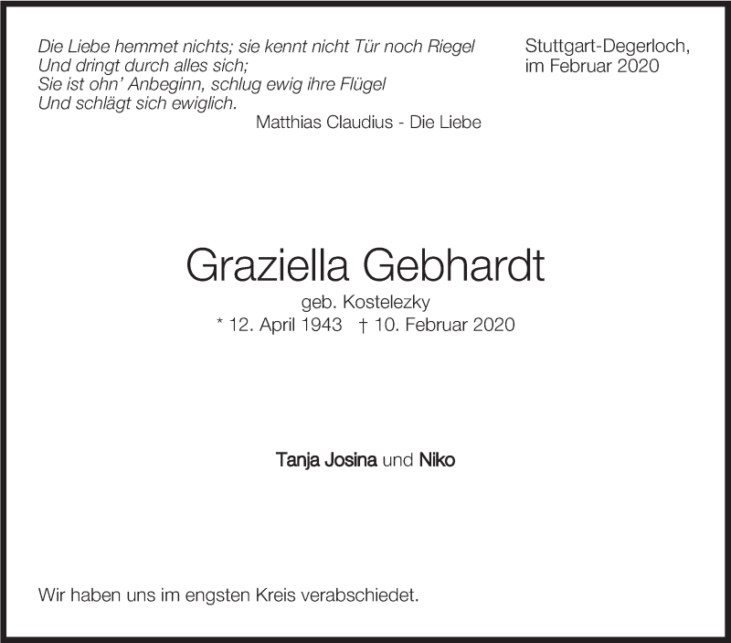  Traueranzeige für Graziella Gebhardt vom 21.02.2020 aus Stuttgarter Zeitung / Stuttgarter Nachrichten