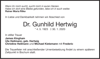 Traueranzeige von Gunhild Hertwig von Stuttgarter Zeitung / Stuttgarter Nachrichten