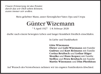 Traueranzeige von Günter Wizemann von Stuttgarter Zeitung / Stuttgarter Nachrichten