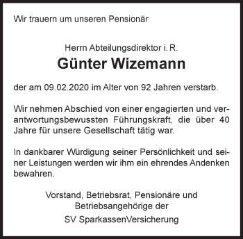 Traueranzeige von Günter Wizemann von Stuttgarter Zeitung / Stuttgarter Nachrichten