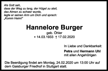 Traueranzeige von Hannelore Burger von Stuttgarter Zeitung / Stuttgarter Nachrichten