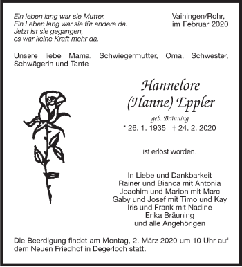 Traueranzeige von Hannelore Eppler von Stuttgarter Zeitung / Stuttgarter Nachrichten