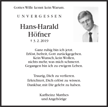 Traueranzeige von Hans-Harald Höfner von Stuttgarter Zeitung / Stuttgarter Nachrichten