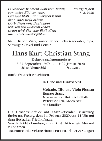 Traueranzeige von Hans-Kurt Christian Stang von Stuttgarter Zeitung / Stuttgarter Nachrichten