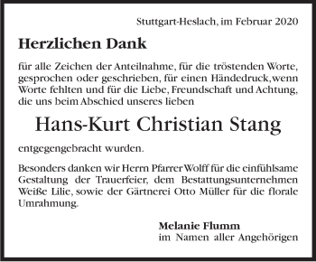 Traueranzeige von Hans-Kurt Christian Stang von Stuttgarter Zeitung / Stuttgarter Nachrichten