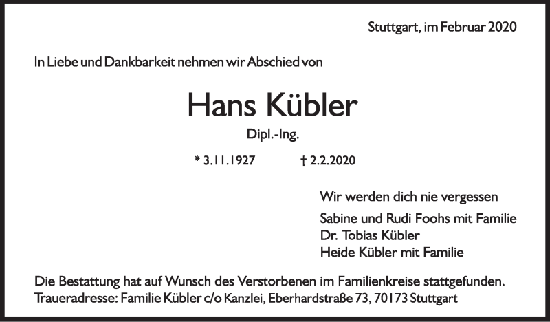  Traueranzeige für Hans Kübler vom 08.02.2020 aus Stuttgarter Zeitung / Stuttgarter Nachrichten