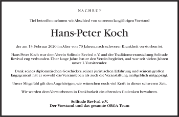 Traueranzeige von Hans-Peter Koch von Stuttgarter Zeitung / Stuttgarter Nachrichten