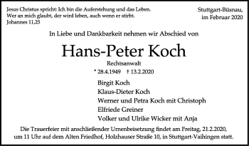 Traueranzeige von Hans-Peter Koch von Stuttgarter Zeitung / Stuttgarter Nachrichten