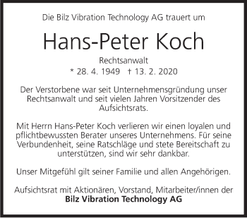 Traueranzeige von Hans-Peter Koch von Stuttgarter Zeitung / Stuttgarter Nachrichten