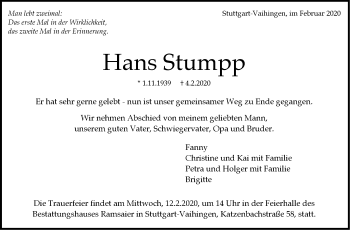 Traueranzeige von Hans Stumpp von Stuttgarter Zeitung / Stuttgarter Nachrichten