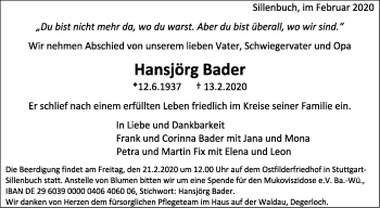 Traueranzeige von Hansjörg Bader von Stuttgarter Zeitung / Stuttgarter Nachrichten