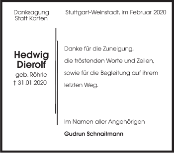 Traueranzeige von Hedwig Dierolf von Stuttgarter Zeitung / Stuttgarter Nachrichten