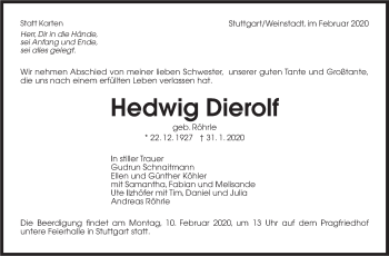 Traueranzeige von Hedwig Dierolf von Stuttgarter Zeitung / Stuttgarter Nachrichten