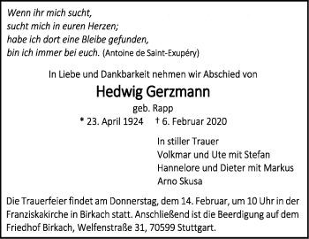 Traueranzeige von Hedwig Gerzmann von Stuttgarter Zeitung / Stuttgarter Nachrichten