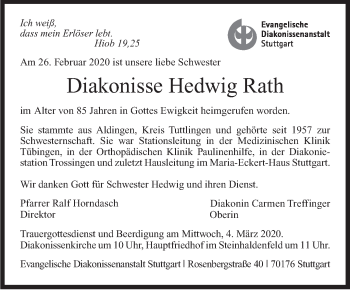 Traueranzeige von Hedwig Rath von Stuttgarter Zeitung / Stuttgarter Nachrichten