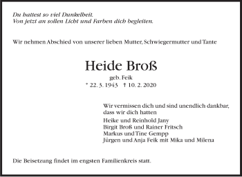 Traueranzeige von Heide Broß von Stuttgarter Zeitung / Stuttgarter Nachrichten