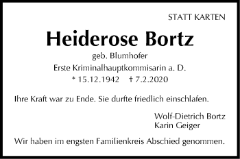 Traueranzeige von Heiderose Bortz von Stuttgarter Zeitung / Stuttgarter Nachrichten