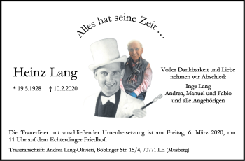 Traueranzeige von Heinz Lang von Stuttgarter Zeitung / Stuttgarter Nachrichten