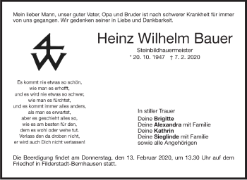 Traueranzeige von Heinz Wilhelm Bauer von Stuttgarter Zeitung / Stuttgarter Nachrichten