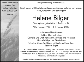 Traueranzeige von Helene Bilger von Stuttgarter Zeitung / Stuttgarter Nachrichten