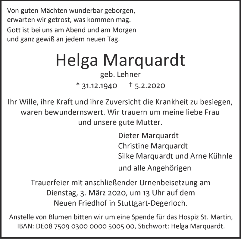  Traueranzeige für Helga Marquardt vom 15.02.2020 aus Stuttgarter Zeitung / Stuttgarter Nachrichten