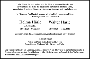 Traueranzeige von Helma Härle von Stuttgarter Zeitung / Stuttgarter Nachrichten