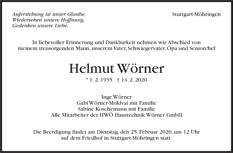 Traueranzeige für Helmut Wörner vom 21.02.2020 aus Stuttgarter Zeitung / Stuttgarter Nachrichten