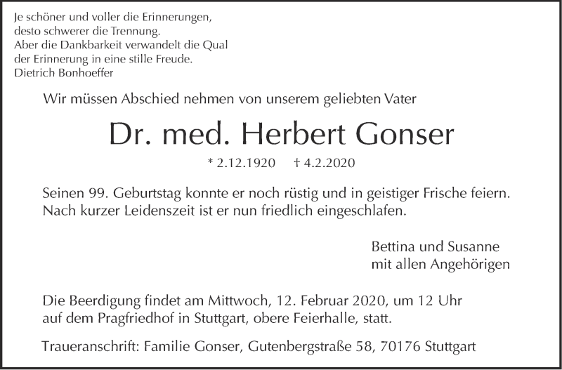  Traueranzeige für Herbert Gonser vom 08.02.2020 aus Stuttgarter Zeitung / Stuttgarter Nachrichten