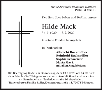 Traueranzeige von Hilde Mack von Stuttgarter Zeitung / Stuttgarter Nachrichten