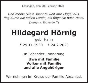 Traueranzeige von Hildegard Hörnig von Stuttgarter Zeitung / Stuttgarter Nachrichten