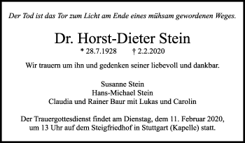 Traueranzeige von Horst-Dieter Stein von Stuttgarter Zeitung / Stuttgarter Nachrichten