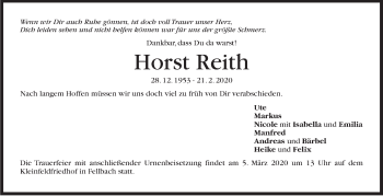 Traueranzeige von Horst Reith von Stuttgarter Zeitung / Stuttgarter Nachrichten
