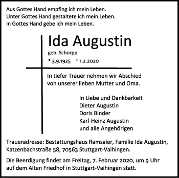Traueranzeige von Ida Augustin von Stuttgarter Zeitung / Stuttgarter Nachrichten