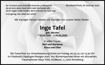 Traueranzeige von Inge Tafel von Stuttgarter Zeitung / Stuttgarter Nachrichten