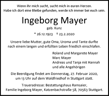 Traueranzeige von Ingeborg Mayer von Stuttgarter Zeitung / Stuttgarter Nachrichten
