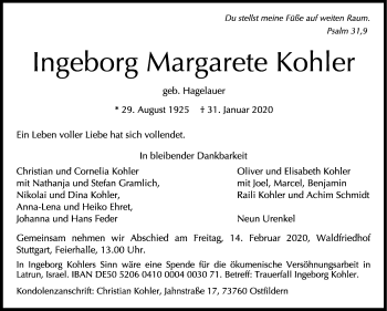 Traueranzeige von Ingeborg Margarete Kohler von Stuttgarter Zeitung / Stuttgarter Nachrichten